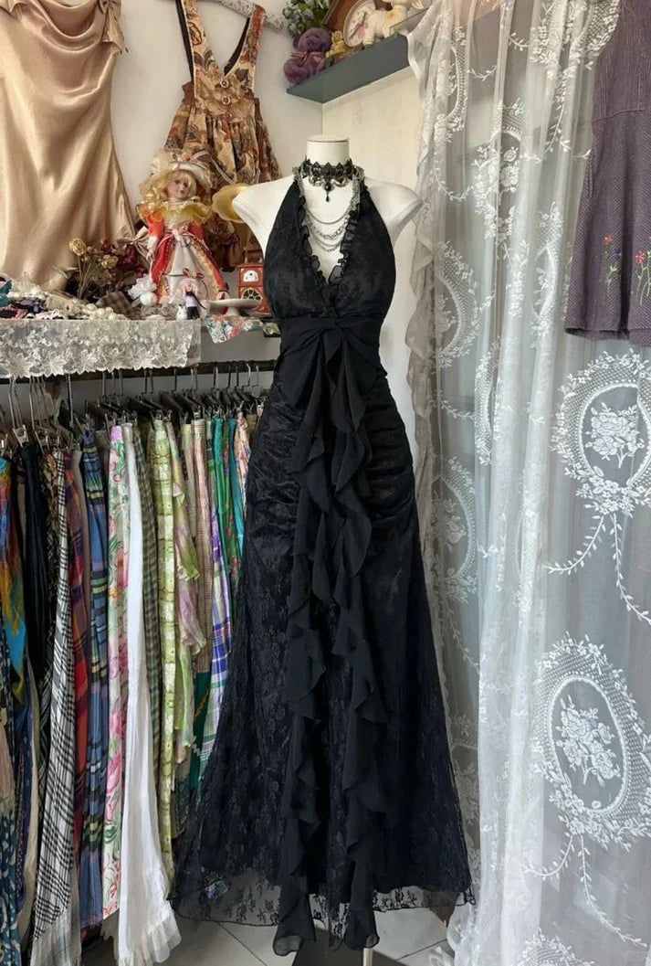 strapless open back dress Chic Black Sleeveless Lace Evening Dresses Side Slit Open Back Long Pr main image 1