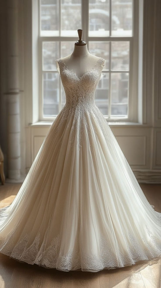 Weißes langes A-Linien-Ballkleid aus Spitzentüll mit V-Ausschnitt, weißes Hochzeitskleid ED01245