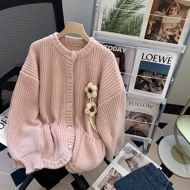 Dicker Strickjacke im Retro-Stil mit Rundhalsausschnitt ED0222