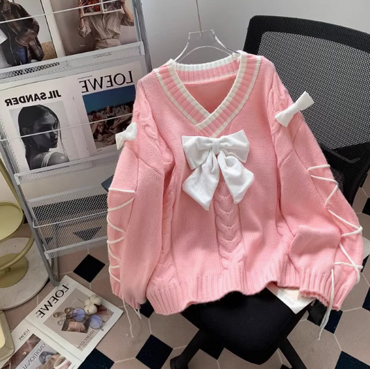 Korean style gentle bowknot V-neck sweater ED0508