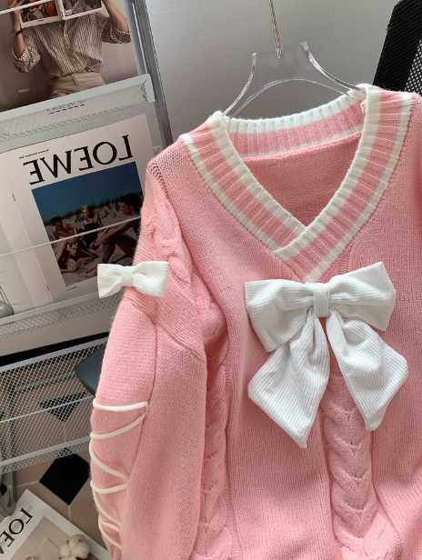 Korean style gentle bowknot V-neck sweater ED0508