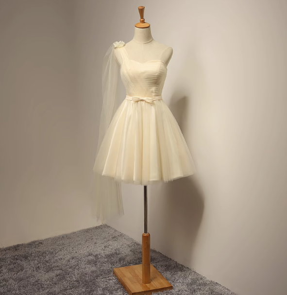 Champagner A-Linie Herzausschnitt Tüll kurzes Ballkleid, Champagner Brautjungfernkleid ED0971
