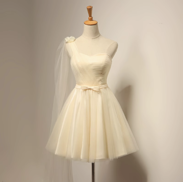 Champagner A-Linie Herzausschnitt Tüll kurzes Ballkleid, Champagner Brautjungfernkleid ED0971