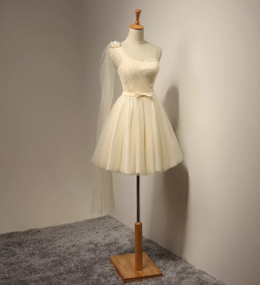Champagne A-line sweetheart neck tulle short prom dress, champagne bridesmaid dress ED0971