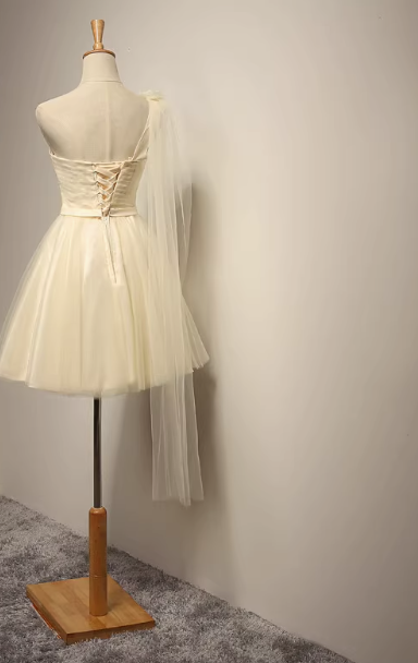 Champagner A-Linie Herzausschnitt Tüll kurzes Ballkleid, Champagner Brautjungfernkleid ED0971