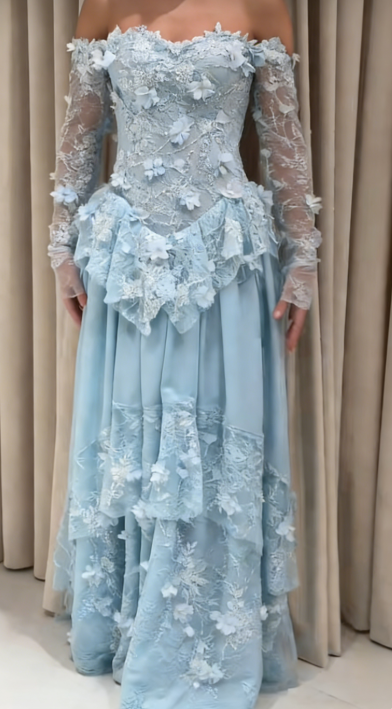 Chic Blue Prom Dress Off-shoulder Sheath Applique Chiffon Long Evening Dress EW0675