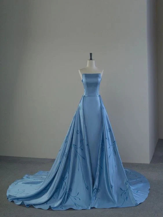 Blue Strapless A-Line Satin Long Prom Dress, Blue Formal Evening Dress ED01276