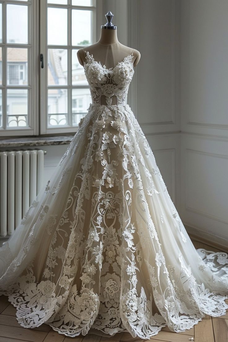 Schickes A-Linie V-Ausschnitt Spitze Tüll Langes Ballkleid Brautkleid ED01338