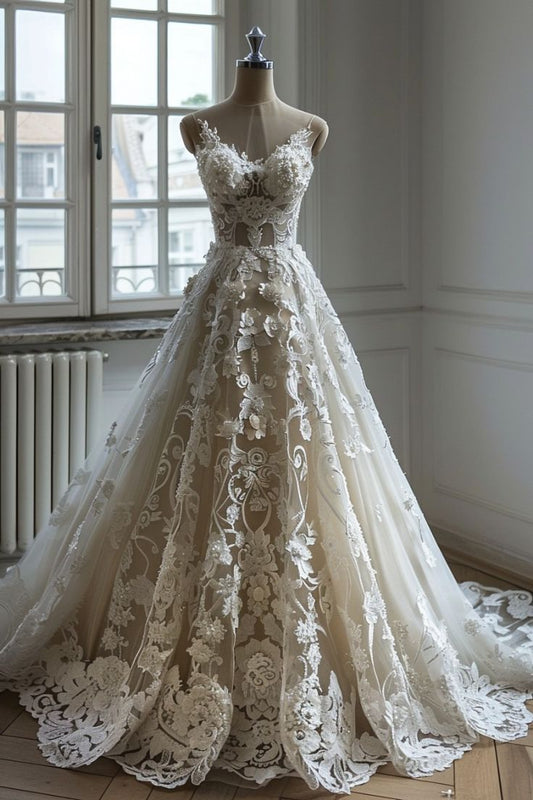 Schickes A-Linie V-Ausschnitt Spitze Tüll Langes Ballkleid Brautkleid ED01338