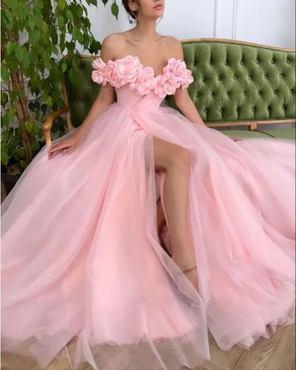 Robe de soirée longue en tulle à fleurs, coupe trapèze, épaules dénudées, avec fente, ED01457