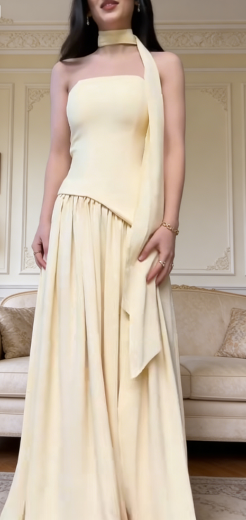 Chic A-Line Strapless Long Evening Dress Satin Yellow Prom Dress E0126