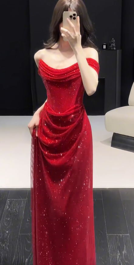 Glitter Sheath Off-shoulder Long Evening Dress Tulle Diamonds Red Prom Dress E0128