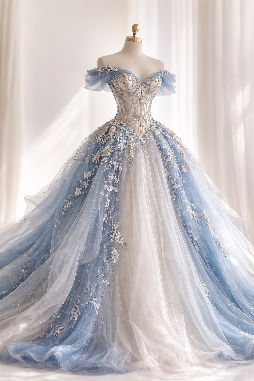 A-Line Off-shoulder Applique Tulle Long Quinceanera Dress Sweet 16 Dress Gorgeous Blue Prom Dress E0201