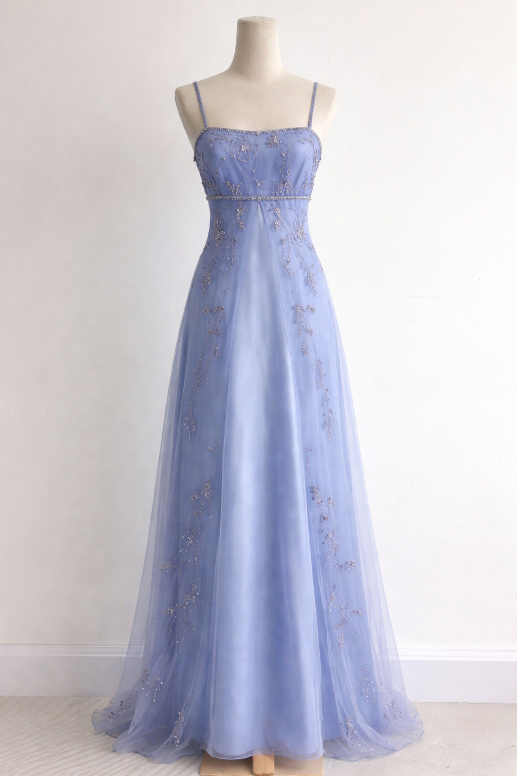A-Line Spaghetti Straps Beaded Chiffon Long Evening Dress Gorgeous Blue Prom Dress E0203