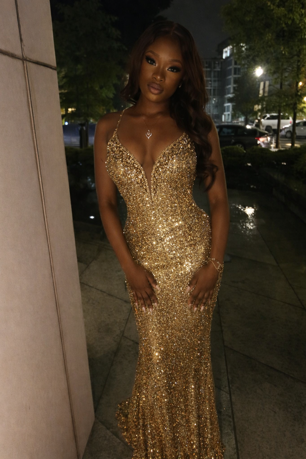 Gold Evening Dress Sheath Sequins Gorgeous V-neck Long Prom Dress E0204