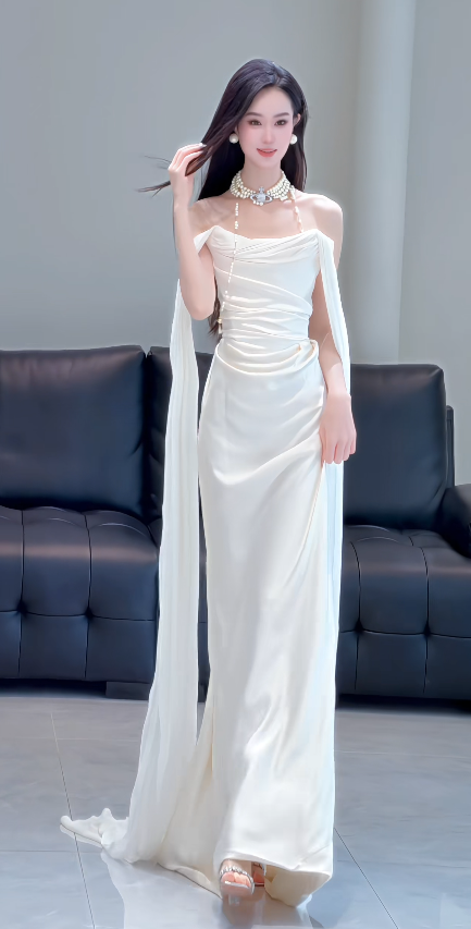 Elegant White Off-shoulder Sheath Satin Weddding Dress for Bride EA09619