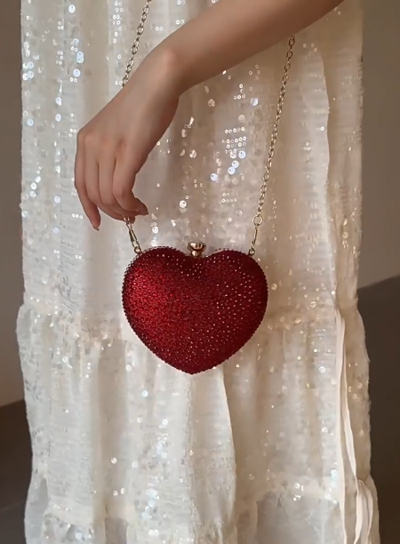 Mini Rhinestone Glitter Lipstick Pouch, Heart-shaped Burgundy Banquet Clutch EB03943