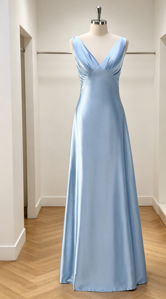 Chic Dusty Rose A-Line Bridesmaid Dress Long V-neck Satin Evening Dress EB0457