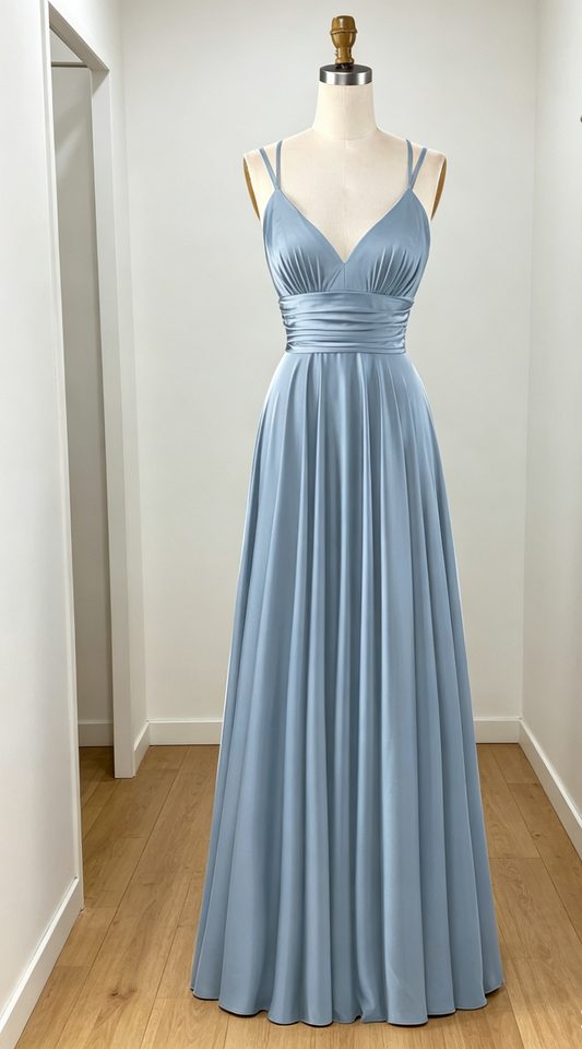 Chic Dusty Rose A-Line Bridesmaid Dress Long Spaghetti Straps Satin Evening Dress EB0458