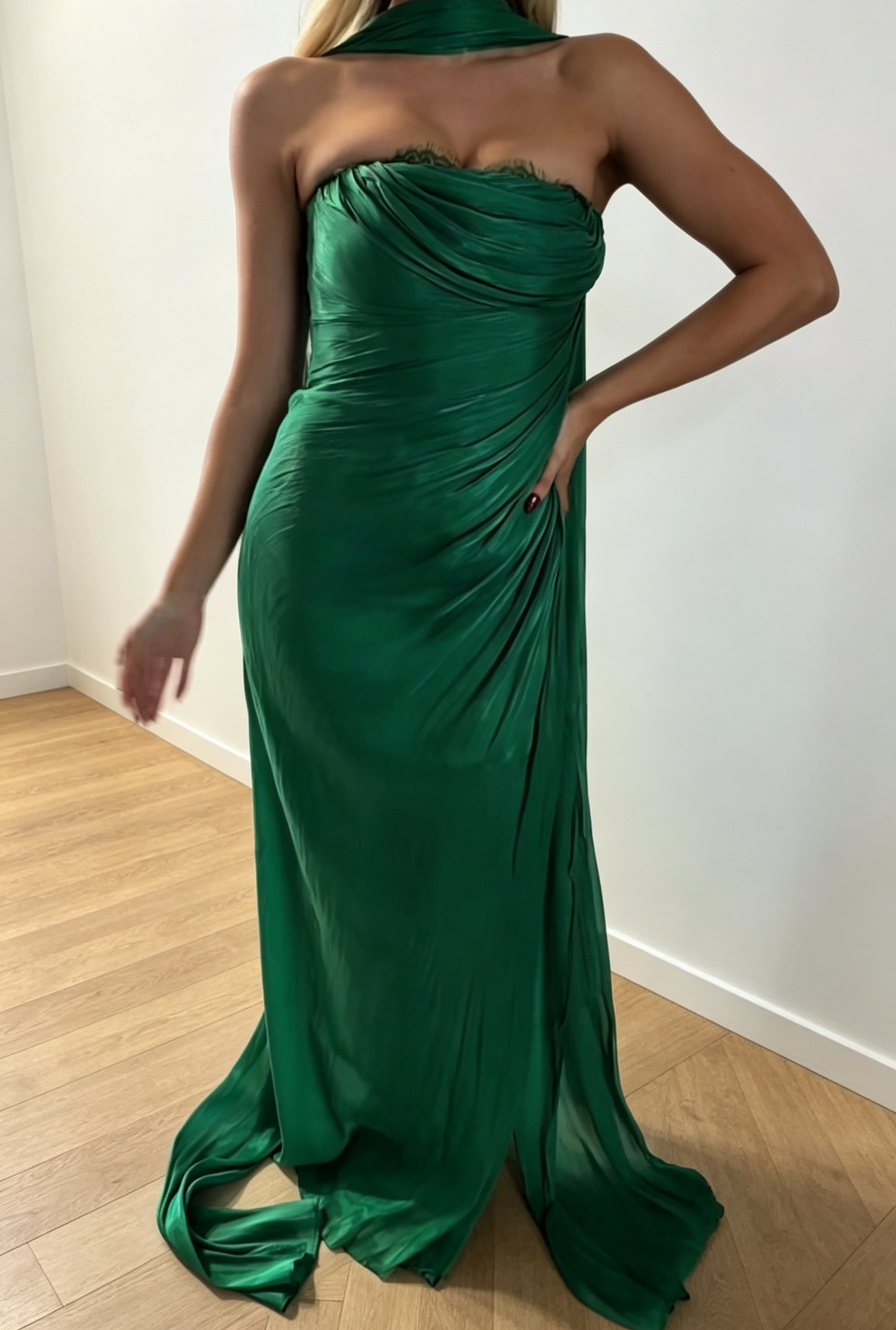 Chic Green Sheath Wedding Guest Dress Silk Strapless Long Evening Dress EB0465
