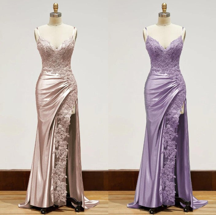 Elegant Spaghetti Straps Prom Dress Black SatinSheath Appliques Long Formal Evening with Slits 
