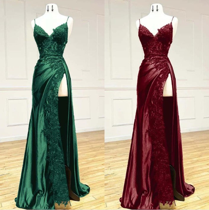 Elegant Spaghetti Straps Prom Dress Black SatinSheath Appliques Long Formal Evening with Slits 