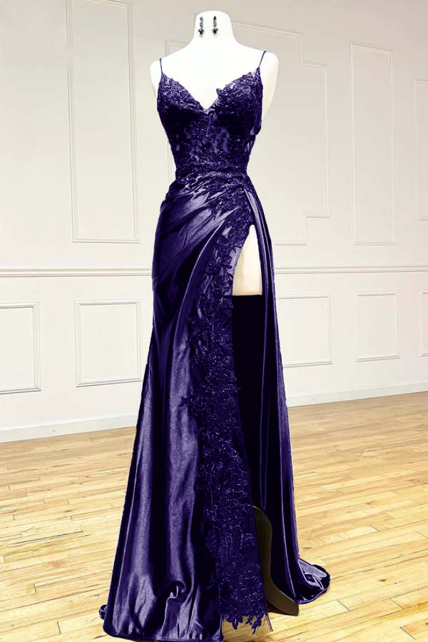 Elegant Spaghetti Straps Prom Dress Black SatinSheath Appliques Long Formal Evening with Slits