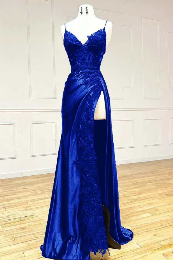 Elegant Spaghetti Straps Prom Dress Black SatinSheath Appliques Long Formal Evening with Slits