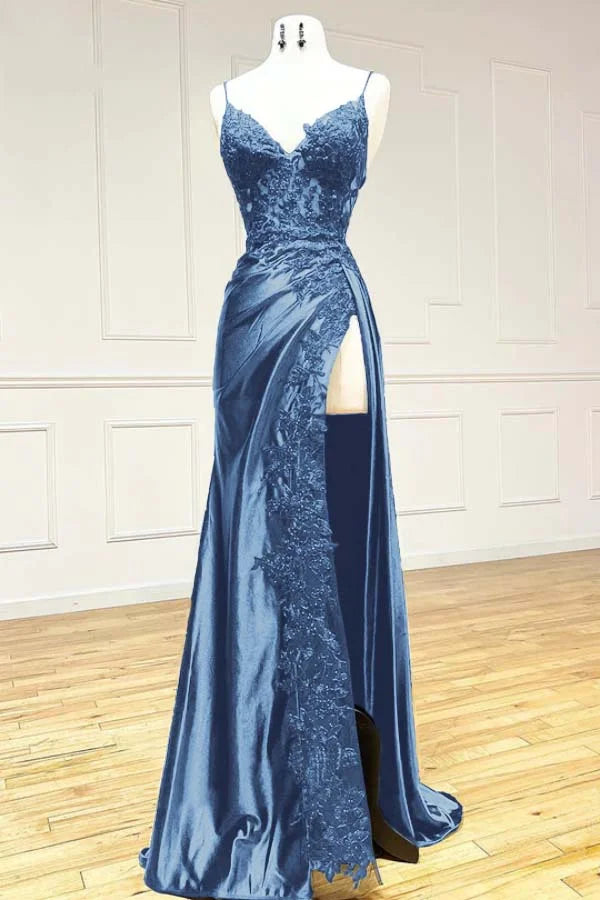 Elegant Spaghetti Straps Prom Dress Black SatinSheath Appliques Long Formal Evening with Slits 