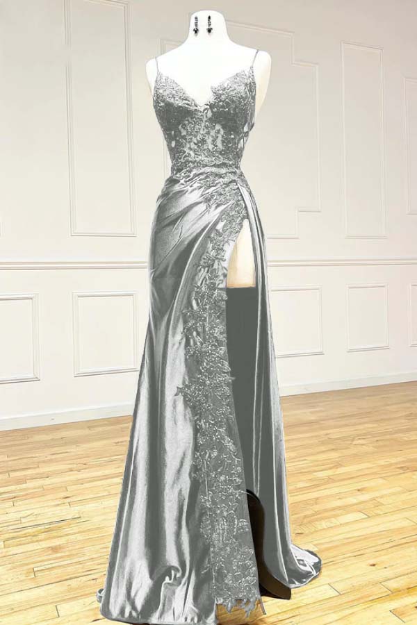 Elegant Spaghetti Straps Prom Dress Black SatinSheath Appliques Long Formal Evening with Slits 