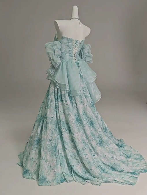 Robe de bal longue en organza bleu floral, coupe trapèze, sans bretelles, robe de bal de fin d'année ED01628
