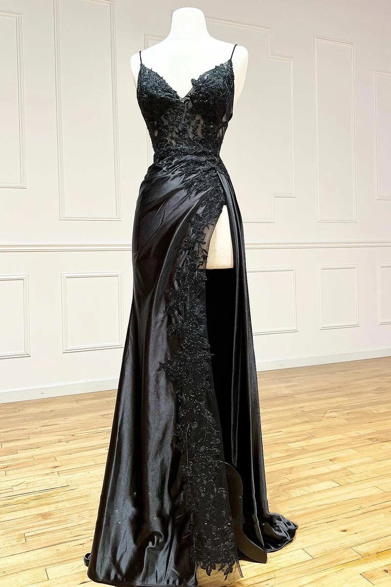 Elegant Spaghetti Straps Prom Dress Black SatinSheath Appliques Long Formal Evening with Slits