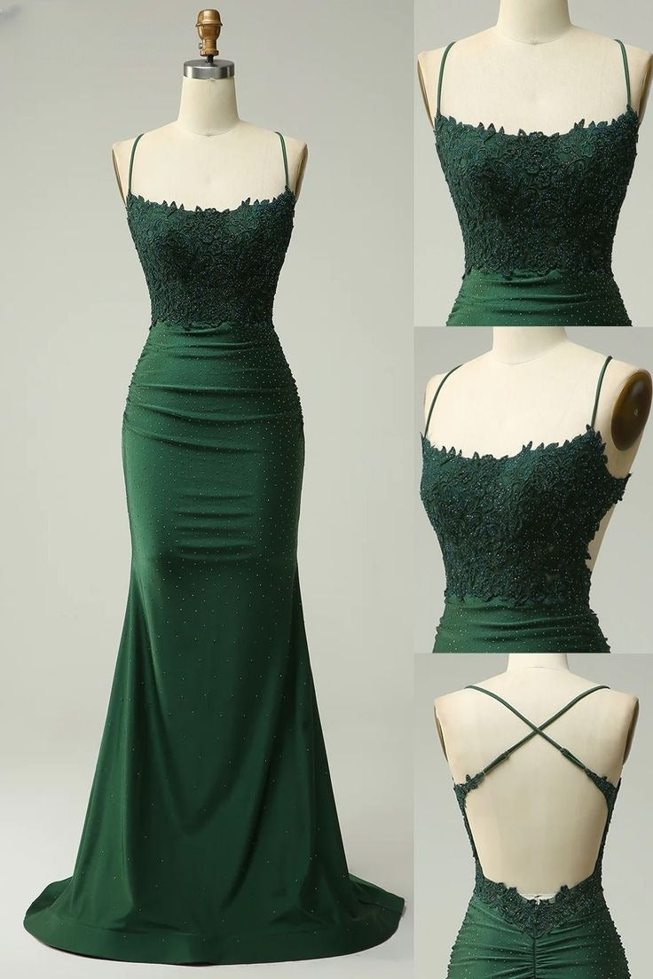 Simple Backless Mermaid Lace Green Long Prom Dress, Green Formal Elegant Evening Dress Wedding Guest Dress ED003