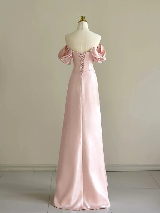 Pink A-Line Satin Long Prom Dress, Off Shoulder Pink Long Evening Dress ED005