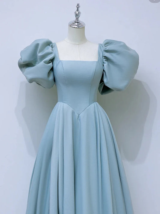 A-Line Square Neckline Satin Blue Long Prom Dress,Blue Formal Dress ED007