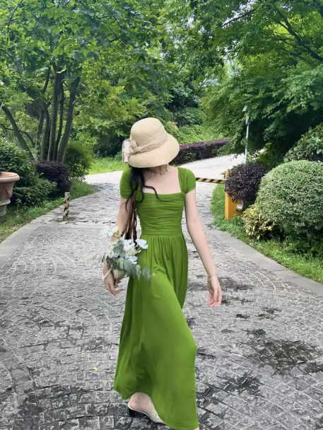 French long skirt beautiful green square collar fashion dress summer ED0091