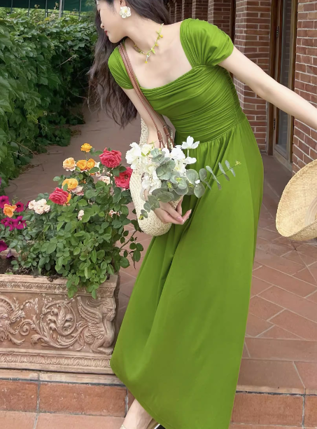 French long skirt beautiful green square collar fashion dress summer ED0091