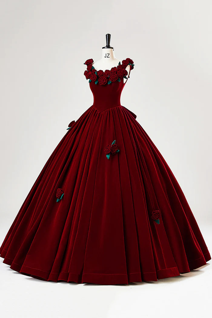 Burgundy Velvet Floor Length Prom Dress, A-Line Evening Party Dress with Flowers ED01000