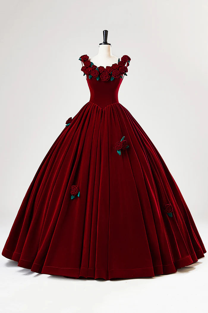Burgundy Velvet Floor Length Prom Dress, A-Line Evening Party Dress with Flowers ED01000