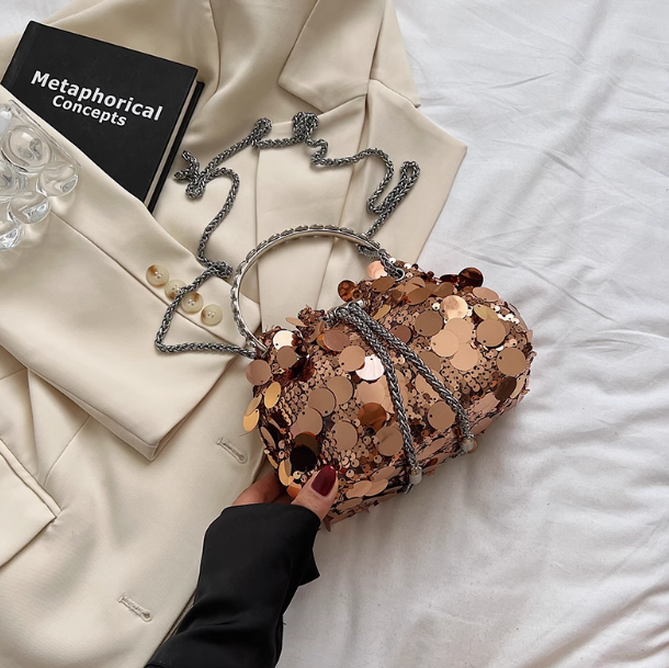 Sac à main bandoulière à chaîne et paillettes tendance, sac seau ED01005