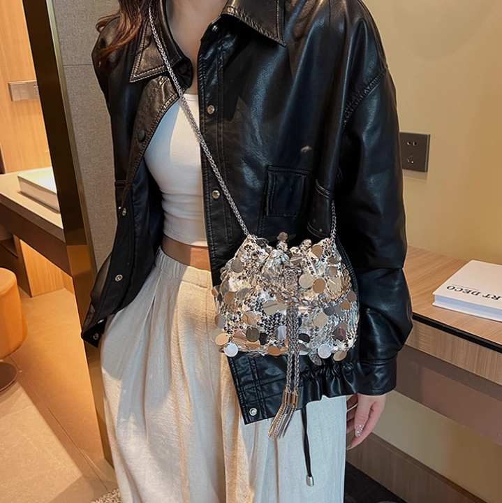 Sac à main bandoulière à chaîne et paillettes tendance, sac seau ED01005