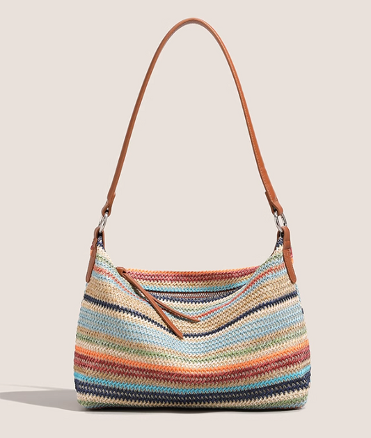 Regenbogen-Strohtasche mit großer Kapazität, gewebte Schultertasche, Messenger Bag ED01011