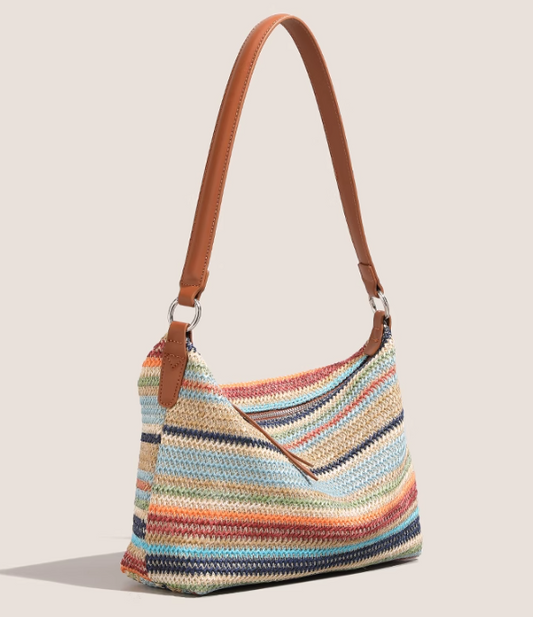 Regenbogen-Strohtasche mit großer Kapazität, gewebte Schultertasche, Messenger Bag ED01011