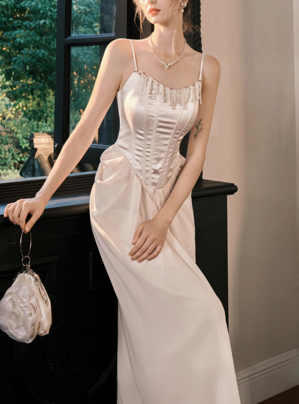 French Satin Pearl Dress Birthday Dress ED01013