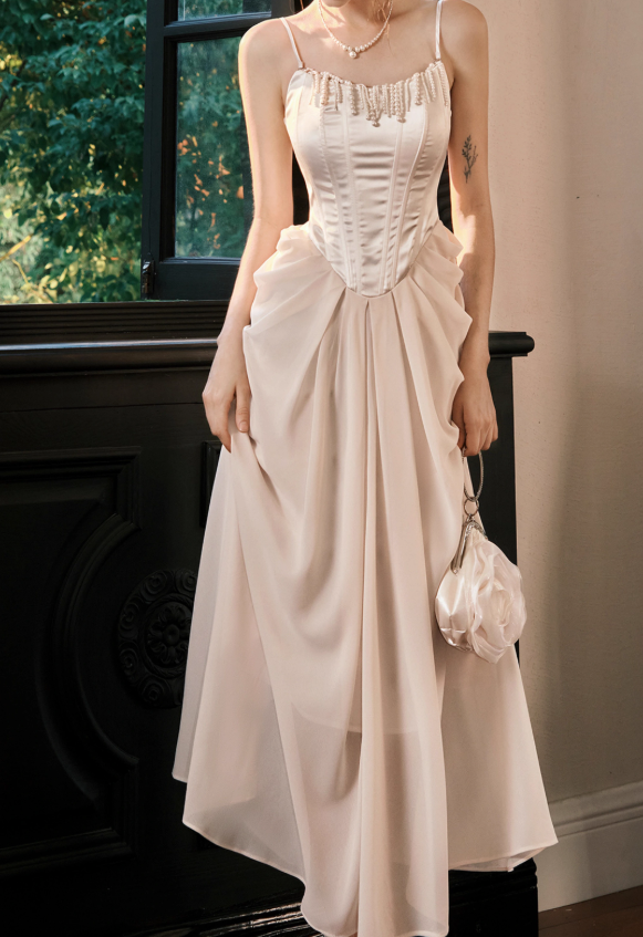 French Satin Pearl Dress Birthday Dress ED01013
