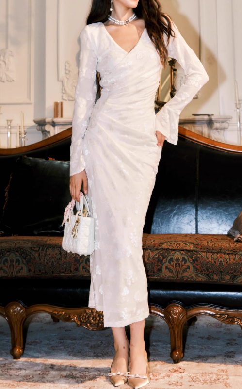 French White Flocked Long Sleeve Dress  ED01012