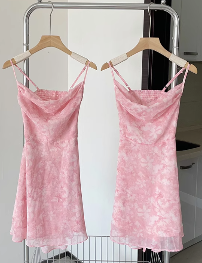 Pink romantic floral suspender dress  ED01015
