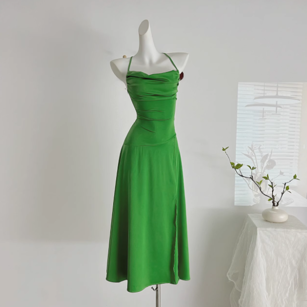 Green Satin Swing Neck Suspender Dress Birthday Dress ED01017