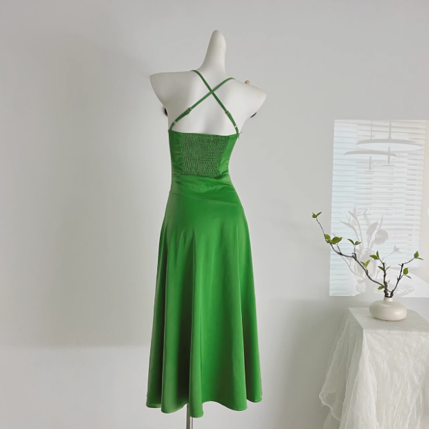 Green Satin Swing Neck Suspender Dress Birthday Dress ED01017