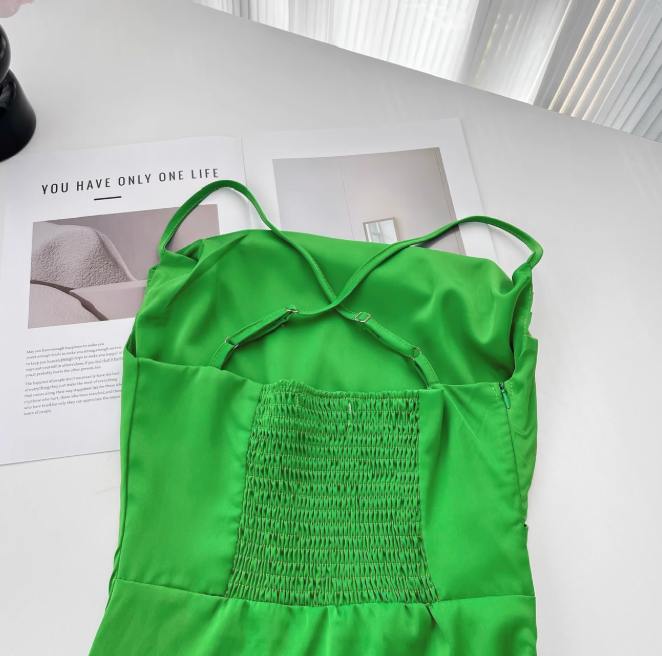 Green Satin Swing Neck Suspender Dress Birthday Dress ED01017